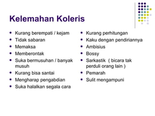 Kelemahan Koleris Kurang berempati / kejam Tidak sabaran Memaksa Memberontak  Suka bermusuhan / banyak musuh Kurang bisa santai Mengharap pengabdian Suka halalkan segala cara Kurang perhitungan Kaku dengan pendiriannya Ambisius Bossy Sarkastik  ( bicara tak perduli orang lain )  Pemarah Sulit mengampuni 