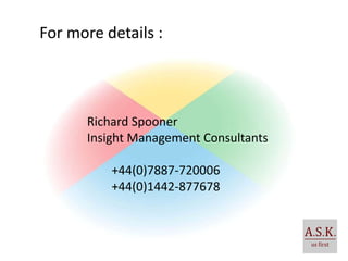 For more details :




      Richard Spooner
      Insight Management Consultants

          +44(0)7887-720006
          +44(0)1442-877678
 
