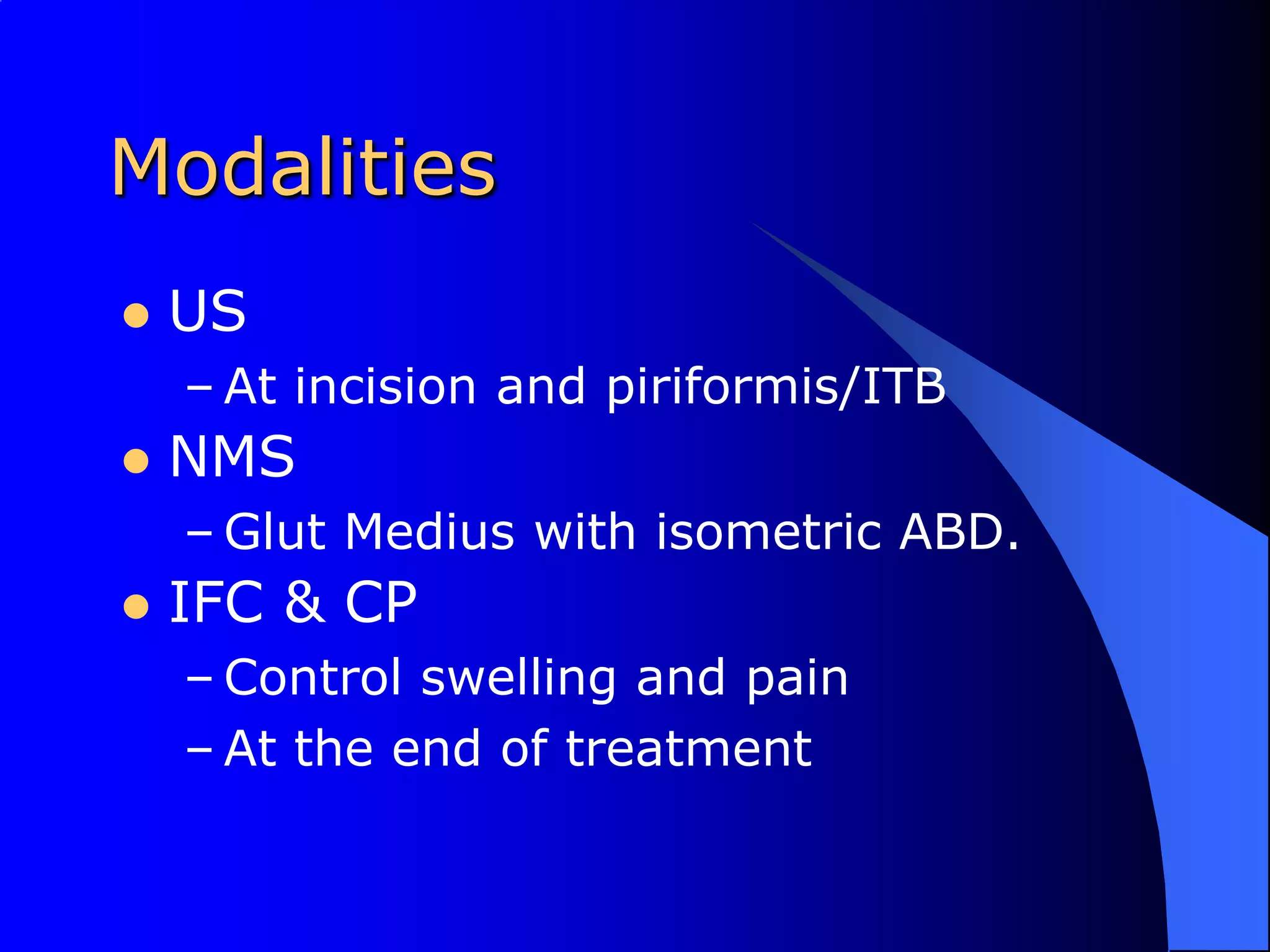 ModalitiesUSAt incision and piriformis/ITBNMSGlut Medius with isometric ABD.IFC & CPControl swelling and painAt the end of treatment