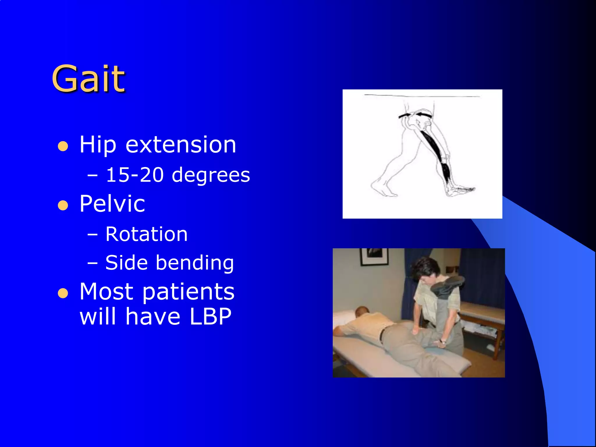 GaitHip extension15-20 degreesPelvicRotationSide bendingMost patients will have LBP