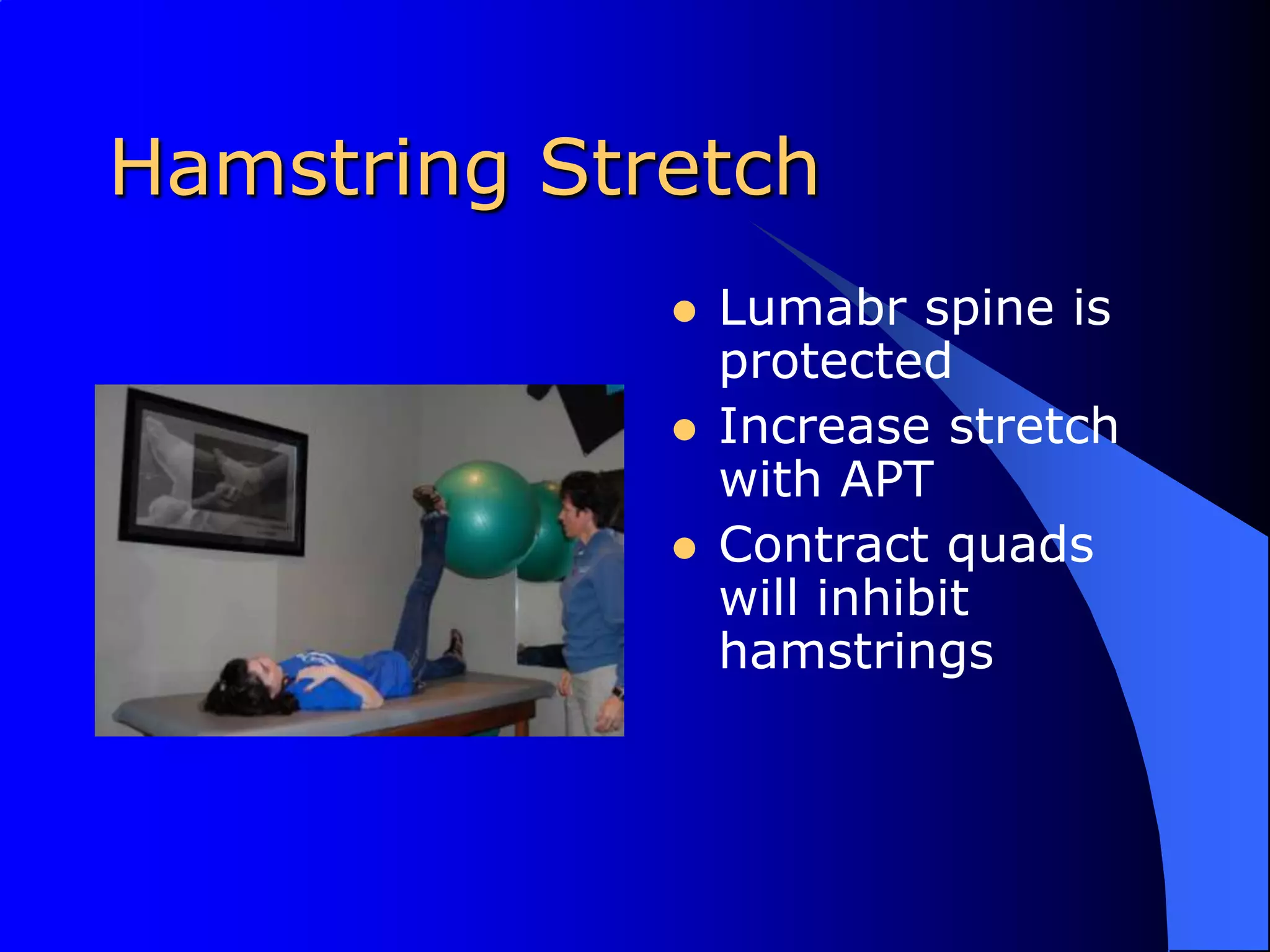 Hamstring StretchLumabr spine is protectedIncrease stretch with APTContract quads will inhibit hamstrings