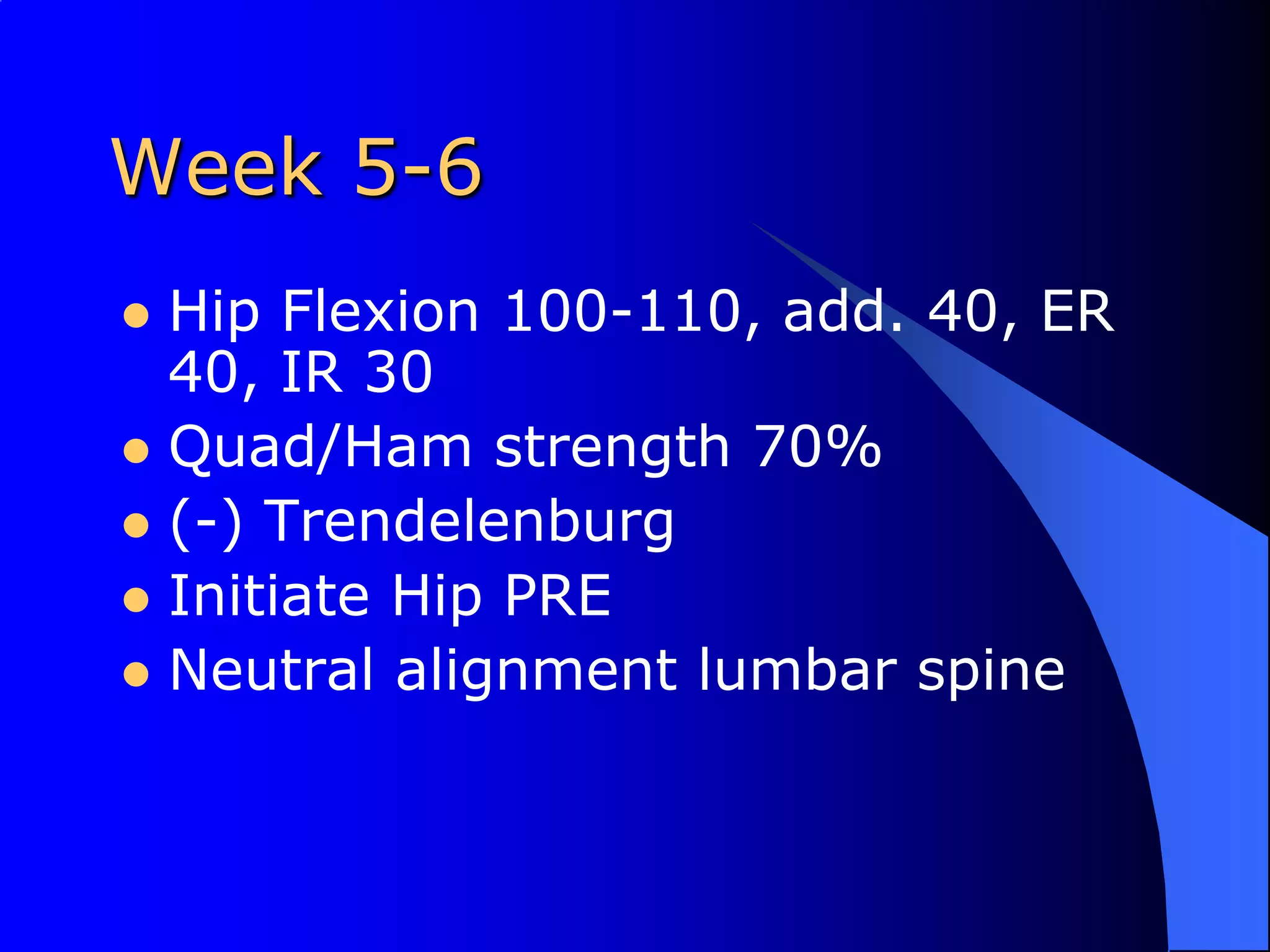 Week 5-6Hip Flexion 100-110, add. 40, ER 40, IR 30Quad/Ham strength 70%(-) TrendelenburgInitiate Hip PRENeutral alignment lumbar spine
