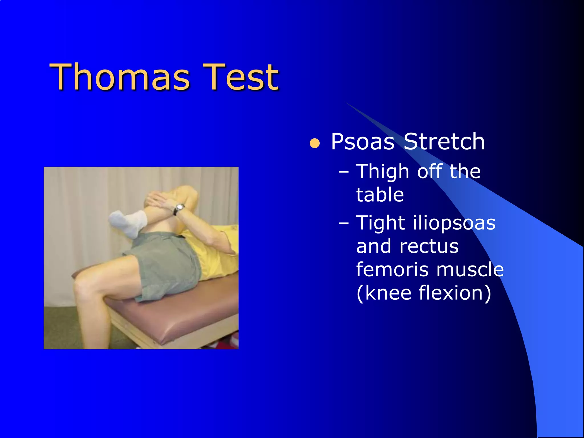 Thomas TestPsoas StretchThigh off the tableTight iliopsoas and rectus femoris muscle (knee flexion)