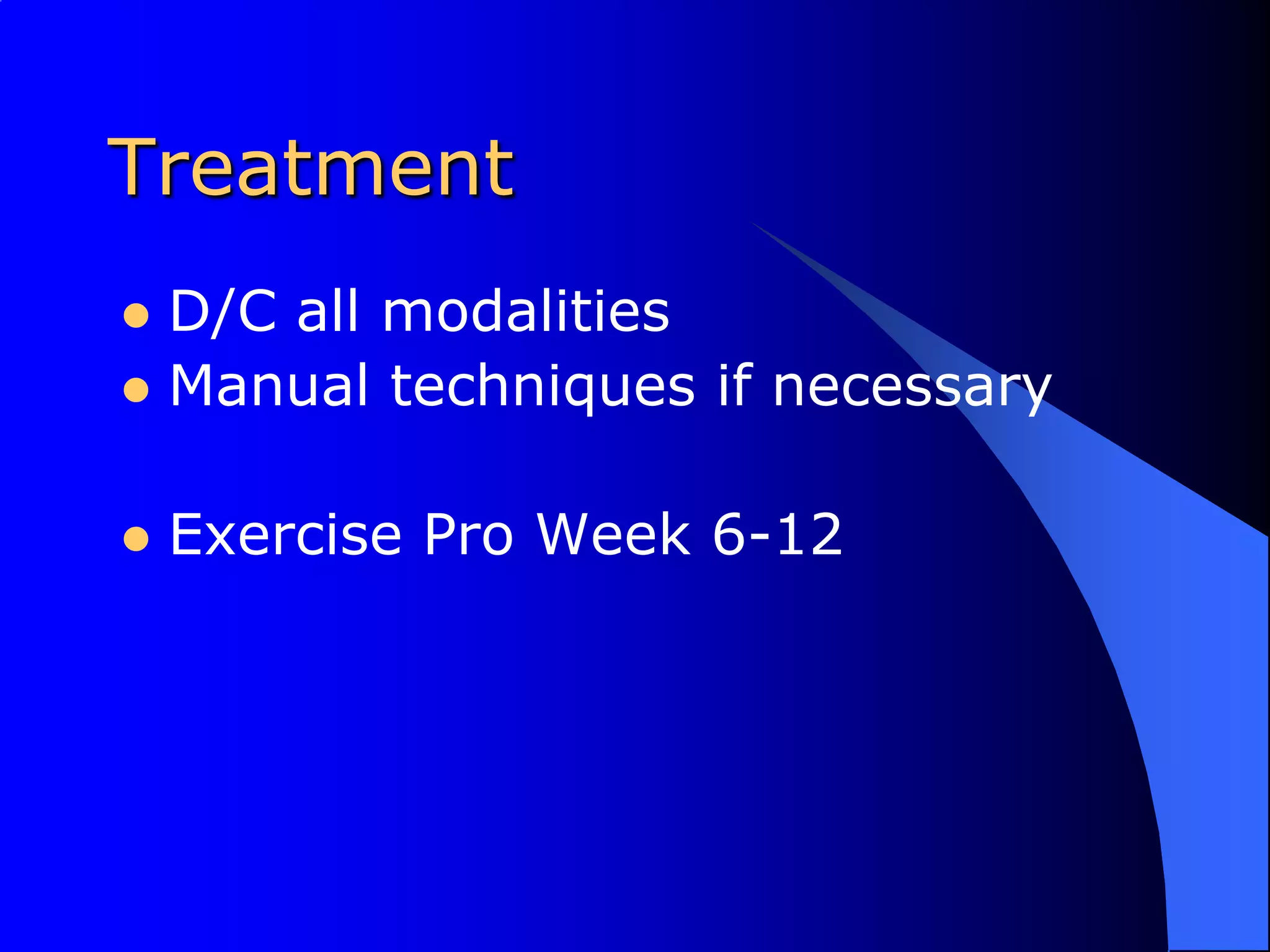 TreatmentD/C all modalitiesManual techniques if necessaryExercise Pro Week 6-12