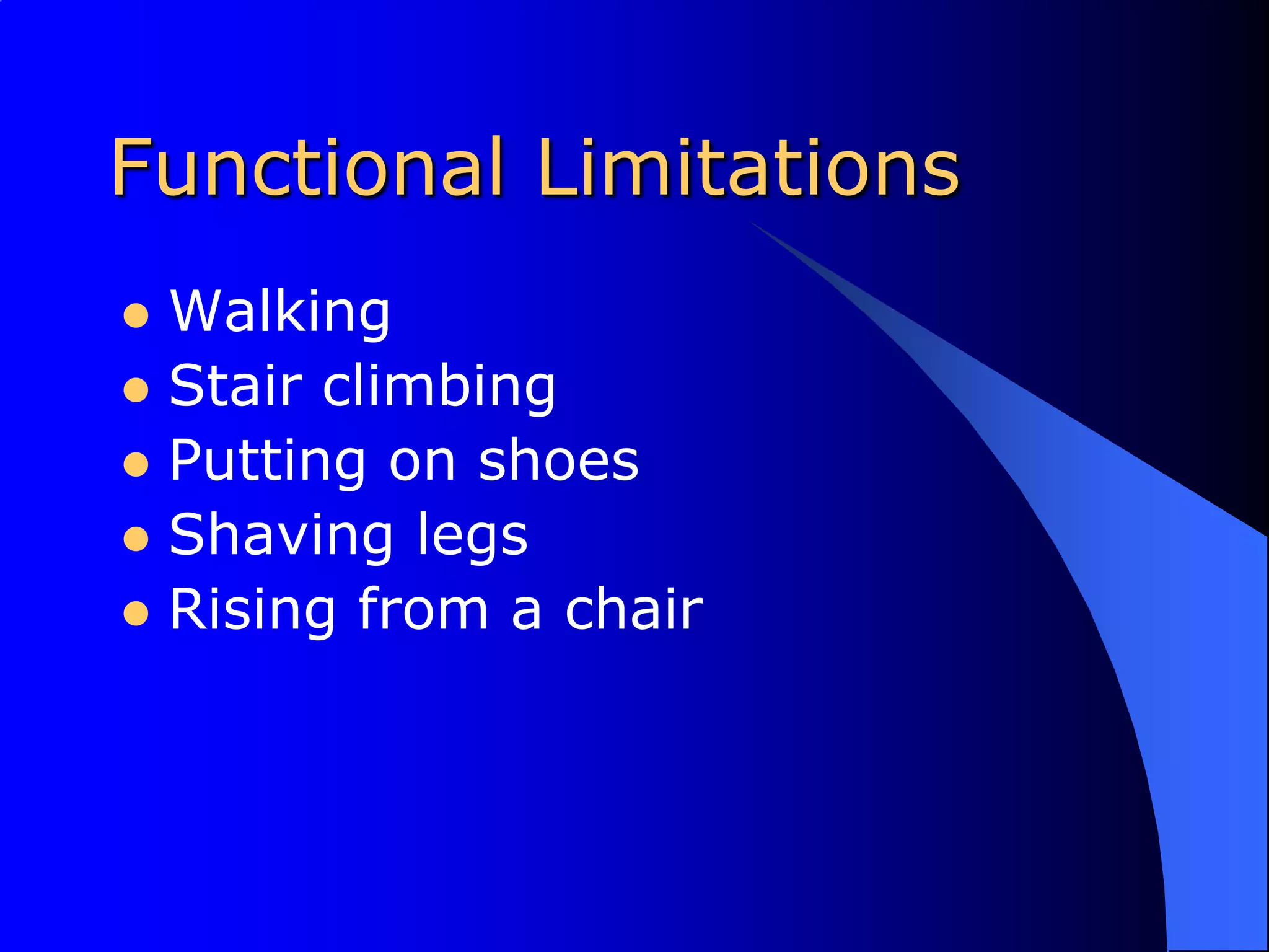 Functional LimitationsWalkingStair climbingPutting on shoesShaving legsRising from a chair