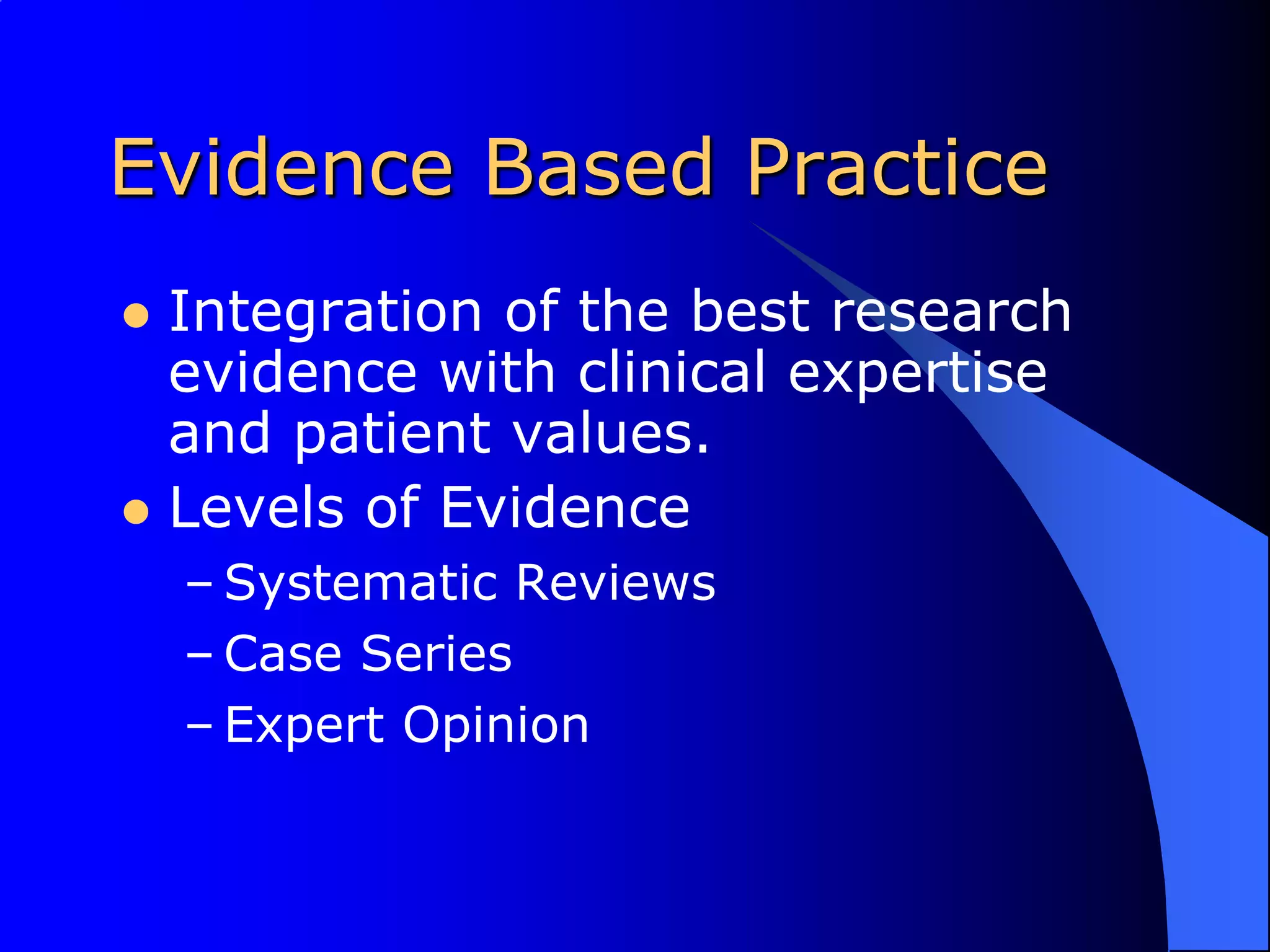 Evidence Based PracticeIntegration of the best research evidence with clinical expertise and patient values.Levels of EvidenceSystematic ReviewsCase SeriesExpert Opinion