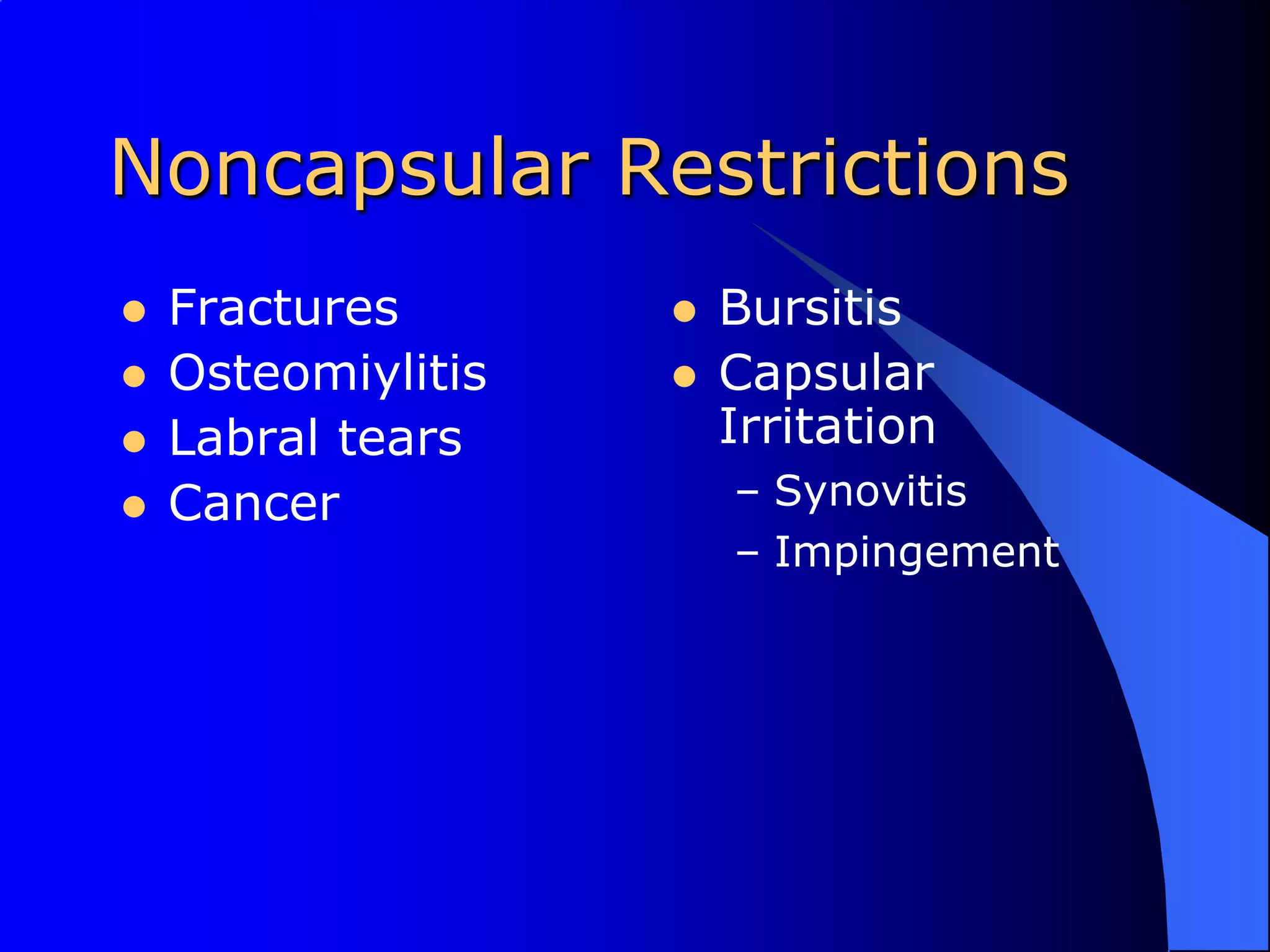 Noncapsular RestrictionsFracturesOsteomiylitisLabral tearsCancerBursitisCapsular IrritationSynovitisImpingement