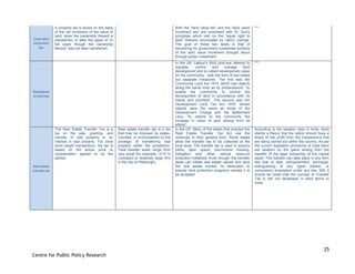25
Centre for Public Policy Research
Land value
increment
tax
A property tax is levied on the basis
of the net increment of the value of
land, when the ownership thereof is
transferred, or after the lapse of 10
full years though the ownership
thereof has not been transferred.
Both the "land value tax" and the "land value
Increment tax" are consistent with Dr. Sun's
principles which rest on the "equal right to
land" theories enunciated by Henry George.
The goal of these two taxes is that of
recovering for government substantial portions
of the land value Increment brought about
through public investment.
***
Developme
nt land tax
In the UK, Labour's third post-war attempt to
regulate, control and manage land
development and to collect development value
for the community, took the form of two linked
but separate measures. The first was the
Community Land Act 1975, which had objects
along the same lines as its predecessors: "to
enable the community to control the
development of land in accordance with its
needs and priorities". The second was the
Development Land Tax Act 1976, whose
objects were the same as those of the
Development Charge and the Betterment
Levy: "to restore to the community the
increase in value of land arising from its
efforts".
***
Real estate
transfer tax
The Real Estate Transfer Tax is a
tax on the sale, granting, and
transfer of real property or an
interest in real property. For most
arms length transactions, the tax is
based on the actual price or
consideration agreed to by the
parties.
Real estate transfer tax is a tax
that may be imposed by states,
counties, or municipalities on the
privilege of transferring real
property within the jurisdiction.
Total transfer taxes range from
very small (for example, .01% in
Colorado) to relatively large (4%
in the city of Pittsburgh).
In the US: Many of the states that enacted the
Real Estate Transfer Tax Act use the
revenues in their general fund. Some states
allow the transfer tax to be collected at the
local level. The transfer tax is used to acquire
parks, open space, low-income housing,
mitigation and other natural resource
protection initiatives. Even though, the transfer
taxes can inflate real estate values and slow
the real estate market, its dedication to
popular land protection programs causes it to
be accepted.
According to the taxation laws in India, there
stands a theory that the nation should have a
share of the profit from the transactions that
are being carried out within the country. As per
the current legislation provisions of India there
are taxation on the gains arising from the
transfer of the legal ownership of the capital
asset. This transfer can take place in any form
like that of sale, relinquishment, exchange,
extinguishing of any rights therein, or
compulsory acquisition under any law. Still, it
should be noted that the concept of Transfer
Tax is still not developed in strict terms in
India.
 