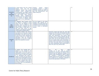 26
Centre for Public Policy Research
Comprehen
sive
landholding
tax
In South Korea: this tax is levied
between 0.5% and 2% for
residential houses that exceed
KRW600 million (US$521,739).
Comprehensive real estate holding
tax is levied between 0.75% and 2%
for land whose value exceeds
KRW500 million (US$434,783).
Comprehensive real estate holding
tax is levied at different rates,
depending on the classification of
land.
Property owners whose
properties exceed a certain
threshold amount are liable to
pay the comprehensive real
estate holding tax.
***
Real
property
gains tax
In Malaysia: Real Property Gains
Tax (RPGT) is charged on gains
arising from the disposal of real
property, which is defined as any
land situated in Malaysia and any
interest, option or other right in or
over such land. RPGT is also
charged on the disposal of shares in
a real property company (RPC).
The tax applies to the gains
resulting from disposal by a
company, by persons other than
companies, by an individual who
is not a citizen or permanent
resident.
***
Land gains
tax
In Vermont, Ontario: The Vermont
land gains tax is imposed on gains
attributable to the sale of land held
for less than six years. Because the
purpose of the tax is to inhibit land
speculation, there are numerous
exemptions to the law to make it
better fit the legislative purpose.
Vermont‟s unique land gains tax, with rates
ranging from 5% to 80% on land held less than
6 years, was first enacted in 1973 in order to
deter land speculators from buying large
parcels of land to quickly subdivide and sell.
According to the tax commissioner at the time,
Norris Hoyt, the tax was instituted at the “tail
end of a period when some Vermonters in
southern Vermont still didn‟t know the value of
the farms they were selling to out-of-staters,
and when syndications were being formed in
New York City to buy Vermont land.
***
Windfall tax
In Ireland: The “windfall gain” is
defined as the increase in the
market value of the land which is
attributable to rezoning. Income Tax
where a profit is made from dealing
in or developing land which is
subject to Income Tax and some/all
of that profit is attributable to the re-
zoning of the land after 30 October
2009, then a special 80% rate of
Income Tax applies to that part of
the profits which are attributable to
the re-zoning.
Thu 09 Sep 2009
Windfall tax of 80% aims to prevent
speculation on rezoning. The GREEN Party is
claiming credit for significant changes to the
National Asset Management Agency (Nama)
Bill, including a risk-sharing mechanism
between Nama and the banks and an 80 per
cent windfall tax on developers designed to
prevent land speculation in the future.
***
 