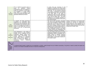 30
Centre for Public Policy Research
Tax
Increment
Financing
TIF is a method to use future gains in
taxes to subsidize current
improvements, which are projected to
create the conditions for said gains.
The completion of a public project
often results in an increase in the
value of surrounding real estate, which
generates additional tax revenue.
A policy that was conceived of, and
designed in, California in the 1950s ended
up being introduced into the UK some sixty
years later. The Tax Increment Financing
(TIF) model – a mechanism for borrowing
money against future rises in tax revenues
in an area, which is then spent on
infrastructure within the area, generating
extra revenue, some of which is then used
to pay off the original debt – has been
acclaimed as an innovative approach to
kick starting local economies in the current
era of fiscal austerity
***
Value
Increment
Financing
In Australia, The State government,
calculating the incremental value
added by the new development, loans
the developer that incremental value,
which is to be repaid over ten years or
more at a low interest rate. This is in
effect a new form of public-private
partnership.
The cost of land acquisition associated
with constructing public transport facilities
could also be effectively reduced if the
government were to capture incremental
land value increases through the general
property tax and through special levies on
land holdings in transit corridors. There are
many complexities involved in the design
of these schemes and modifications may
be necessary in particular circumstances.
Instead of attempting to tax the land value
increment on account of infrastructure,
directly taxing the value of property at its
inception would be a more effective way of
obtaining capital receipts for financing urban
infrastructure (Phatak, 2009).
Joint
Developme
nt
Mechanism
s
Joint development, in the context of
funding sources for public transport
projects, can be understood as the
cooperation between railway track
owners (often governments) and
private developers to specifically
target railway property adjacent to,
above or below rail stations for
commercial and/or residential
development.
This can provide a direct source of income
towards the installation of the service while
guaranteeing superior accessibility and a
certain volume of potential customers
frequenting the site. It also contributes
some degree of guaranteed ridership for
the transport project.
***
Ring-
fencing of
all land-
based
resources
excluding
Property
Tax
A protection-based transfer of assets from one destination to another, usually through the use of offshore accounting. A ring fence is meant to protect the assets from
inclusion in an investor's calculable net worth or to lower tax consequences.
 