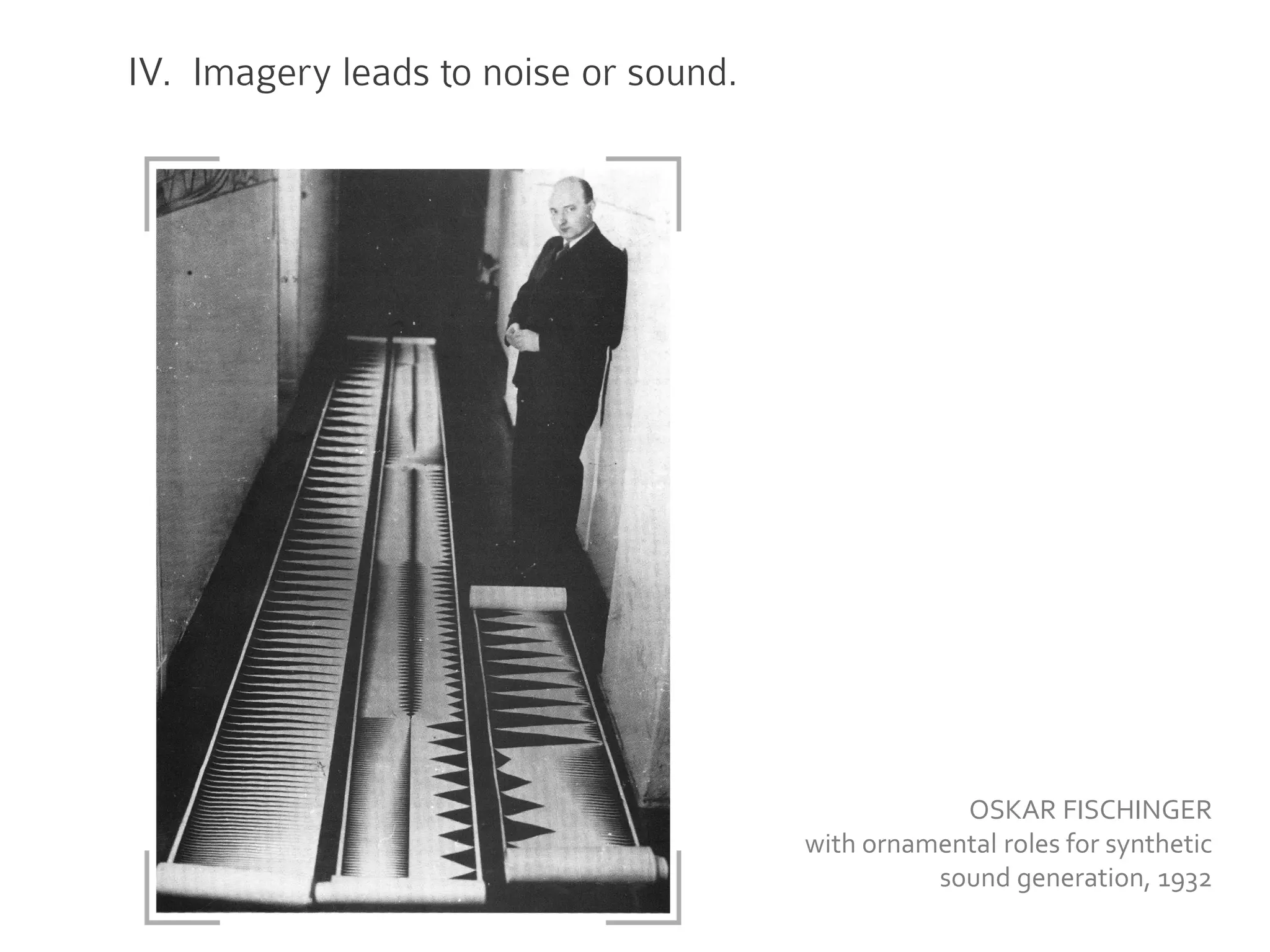 IV. Imagery leads to noise or sound.
OSKAR FISCHINGER
with ornamental roles for synthetic
sound generation, 1932
 