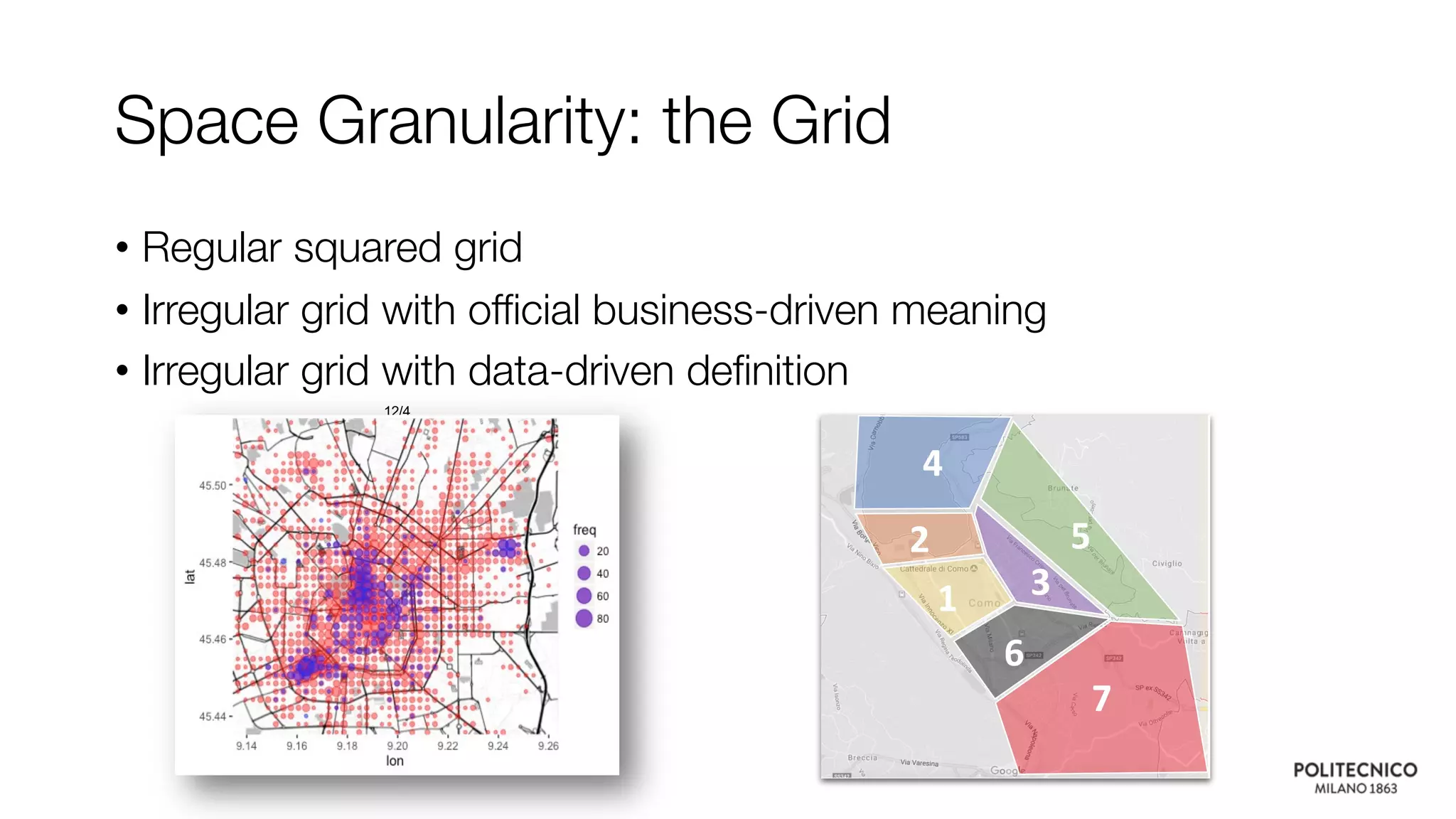 Space Granularity: the Grid
• Regular squared grid
• Irregular grid with official business-driven meaning
• Irregular grid with data-driven definition
12/4
 