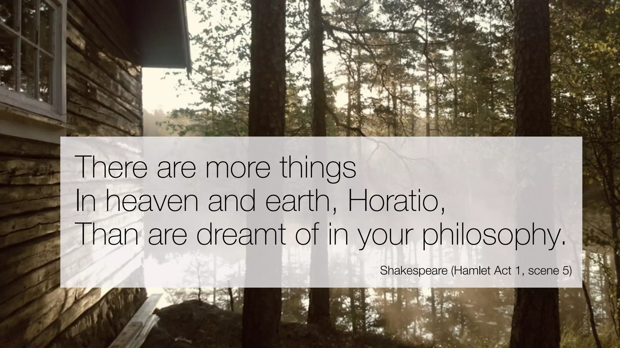 There are more things
In heaven and earth, Horatio,
Than are dreamt of in your philosophy.
Shakespeare (Hamlet Act 1, scene 5)
 