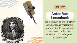 He is known as the "Father
of Microscopy Cells" He
made a simple microscope
and was the first to
observed bacteria, yeast,
red blood cells.
Anton Van
Leeunhoek
1632- 1723
 