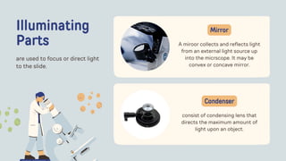 Illuminating
Parts
are used to focus or direct light
to the slide.
A miroor collects and reflects light
from an external light source up
into the micrscope. It may be
convex or concave mirror.
Mirror
consist of condensing lens that
directs the maximum amount of
light upon an object.
Condenser
 