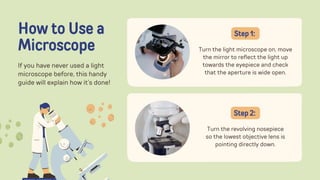 How to Use a
Microscope
If you have never used a light
microscope before, this handy
guide will explain how it’s done!
Turn the light microscope on, move
the mirror to reflect the light up
towards the eyepiece and check
that the aperture is wide open.
Step 1:
Turn the revolving nosepiece
so the lowest objective lens is
pointing directly down.
Step 2:
 