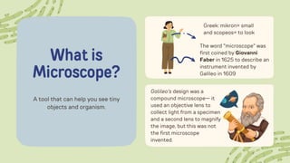 A tool that can help you see tiny
objects and organism.
What is
Microscope?
Greek: mikron= small
and scopeos= to look
The word "microscope" was
first coined by Giovanni
Faber in 1625 to describe an
instrument invented by
Galileo in 1609
Galileo's design was a
compound microscope— it
used an objective lens to
collect light from a specimen
and a second lens to magnify
the image, but this was not
the first microscope
invented.
 