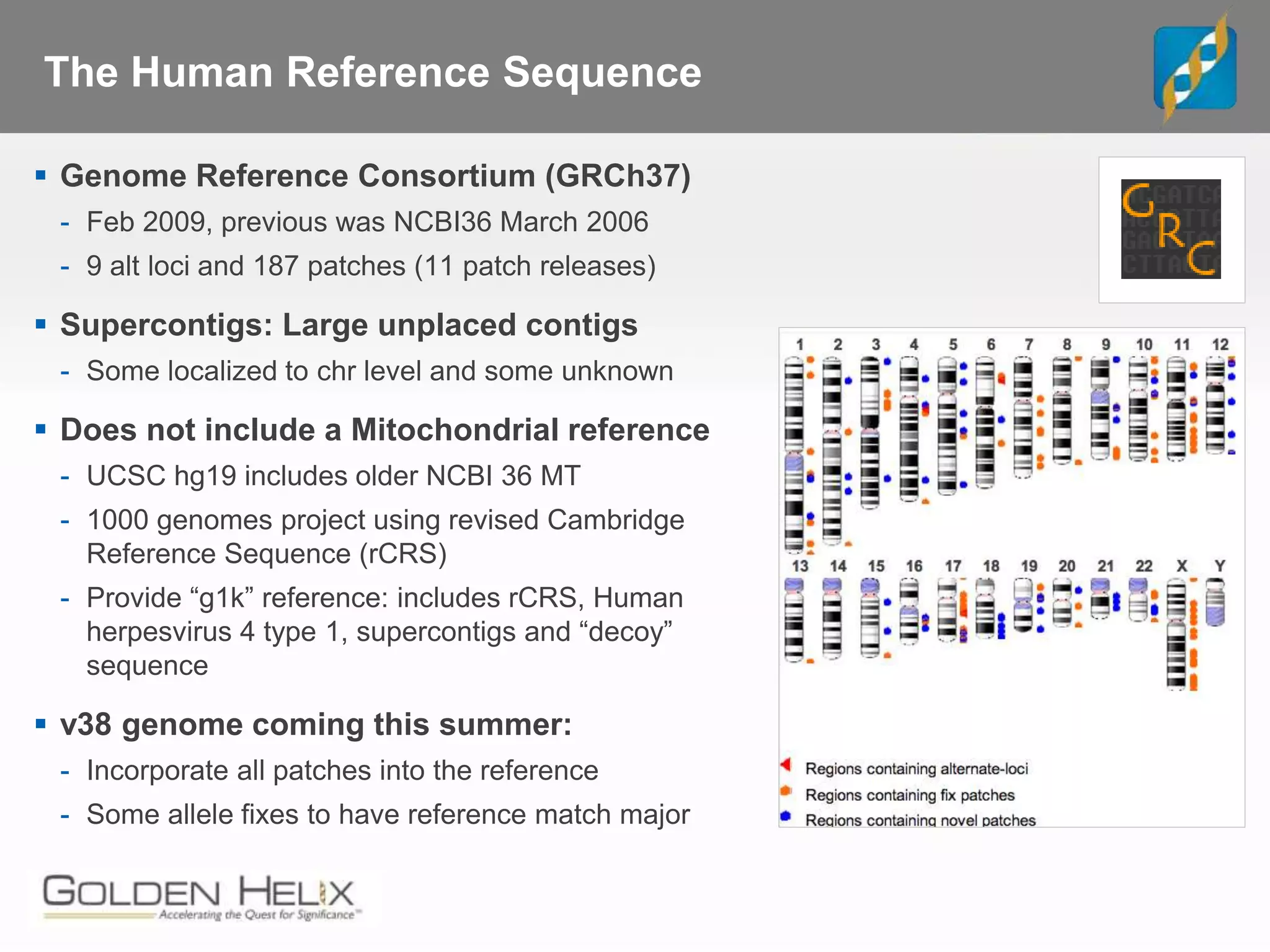The Human Reference Sequence
 Genome Reference Consortium (GRCh37)
- Feb 2009, previous was NCBI36 March 2006
- 9 alt loci and 187 patches (11 patch releases)
 Supercontigs: Large unplaced contigs
- Some localized to chr level and some unknown
 Does not include a Mitochondrial reference
- UCSC hg19 includes older NCBI 36 MT
- 1000 genomes project using revised Cambridge
Reference Sequence (rCRS)
- Provide “g1k” reference: includes rCRS, Human
herpesvirus 4 type 1, supercontigs and “decoy”
sequence
 v38 genome coming this summer:
- Incorporate all patches into the reference
- Some allele fixes to have reference match major
 
