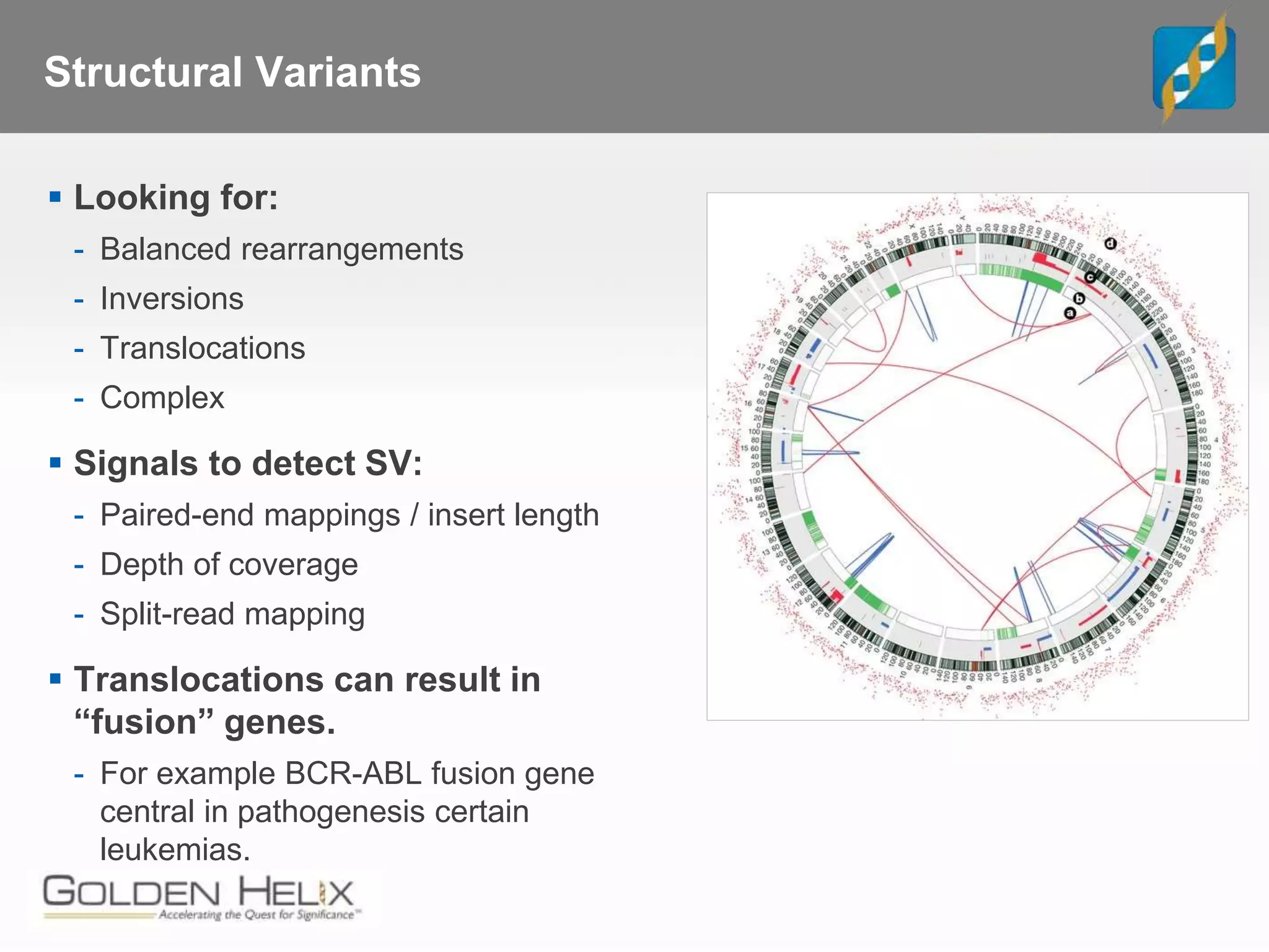 Structural Variants
 Looking for:
- Balanced rearrangements
- Inversions
- Translocations
- Complex
 Signals to detect SV:
- Paired-end mappings / insert length
- Depth of coverage
- Split-read mapping
 Translocations can result in
“fusion” genes.
- For example BCR-ABL fusion gene
central in pathogenesis certain
leukemias.
 