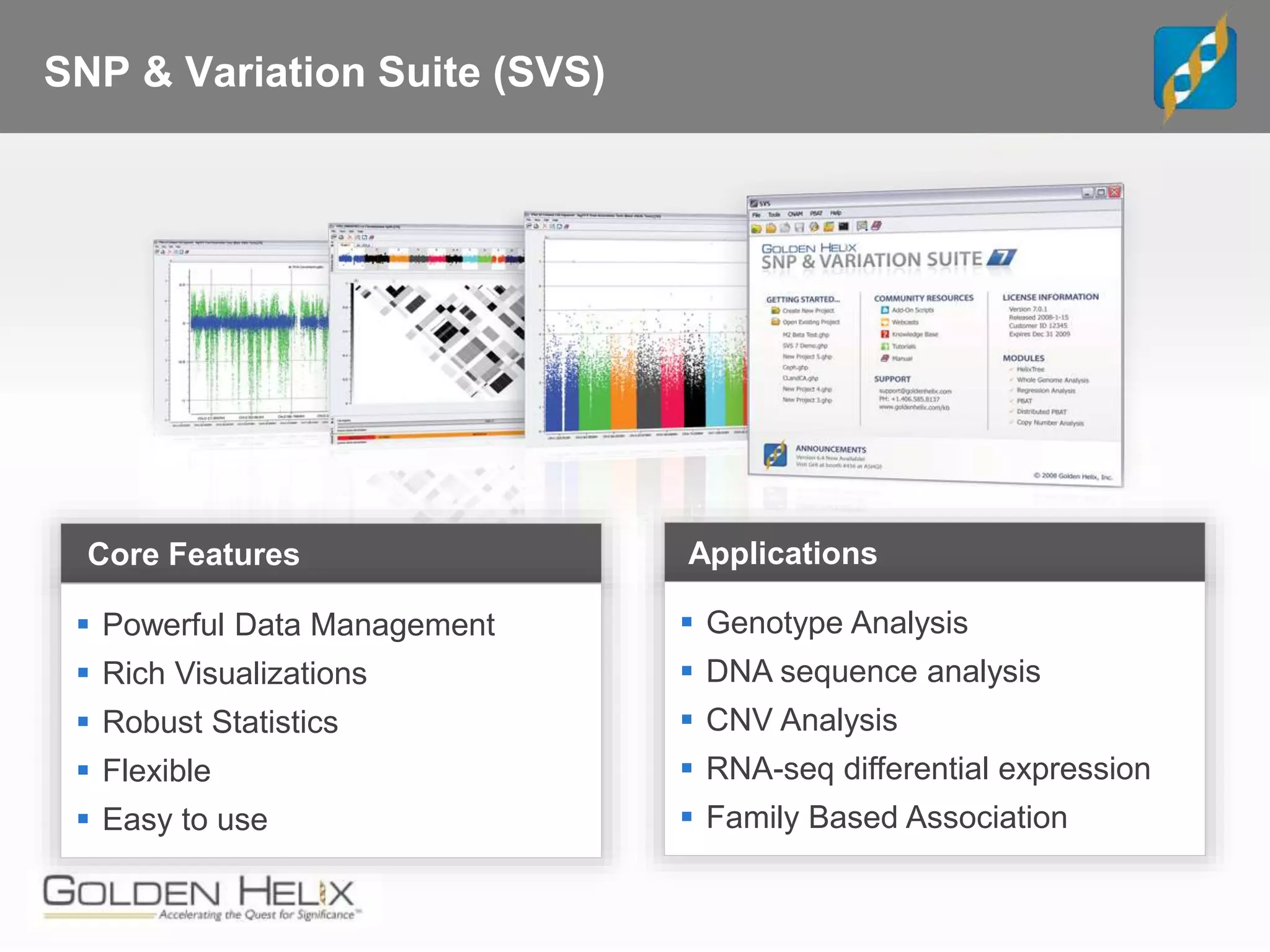 Core Features Packages
Core Features
 Powerful Data Management
 Rich Visualizations
 Robust Statistics
 Flexible
 Easy to use
Applications
 Genotype Analysis
 DNA sequence analysis
 CNV Analysis
 RNA-seq differential expression
 Family Based Association
SNP & Variation Suite (SVS)
 