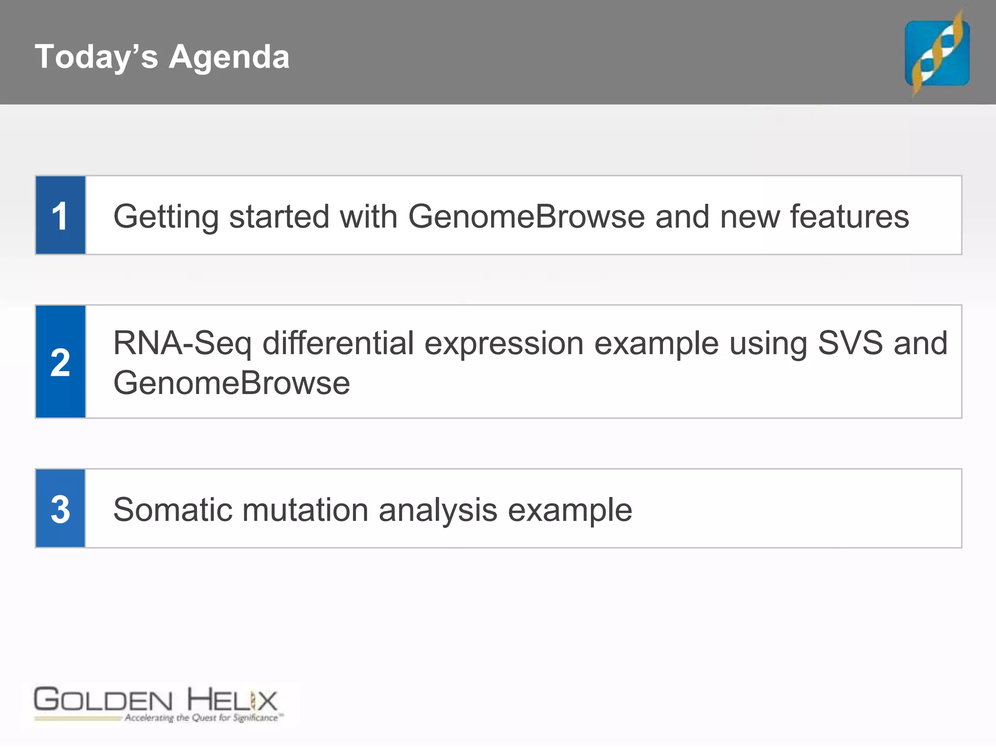 Today’s Agenda
RNA-Seq differential expression example using SVS and
GenomeBrowse
2
3 Somatic mutation analysis example
Getting started with GenomeBrowse and new features1
 