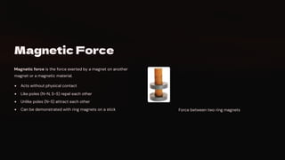 Magnetic Force
Magnetic force is the force exerted by a magnet on another
magnet or a magnetic material.
Acts without physical contact
Like poles (N-N, S-S) repel each other
Unlike poles (N-S) attract each other
Can be demonstrated with ring magnets on a stick Force between two ring magnets
 