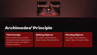 Archimedes' Principle
The Principle
When an object is fully or partially
immersed in a liquid, it experiences an
upward force equal to the weight of
the liquid it displaces.
Sinking Objects
If the weight of liquid displaced <
weight of object, the object will sink.
Floating Objects
If the weight of liquid displaced =
weight of object, the object will float.
 