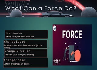 What Can a Force Do?
S t a r t M o t i o n
Make an object move from rest
Change Speed
Increase or decrease how fast an object is
moving
Change Direction
Alter the path an object is taking
Change Shape
Deform or reshape an object
 