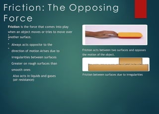 Friction: The Opposing
Force
Friction is the force that comes into play
when an object moves or tries to move over
another surface.
Always acts opposite to the
direction of motion Arises due to
irregularities between surfaces
Greater on rough surfaces than
smooth ones
Also acts in liquids and gases
(air resistance)
Friction acts between two surfaces and opposes
the motion of the object.
Friction between surfaces due to irregularities
 