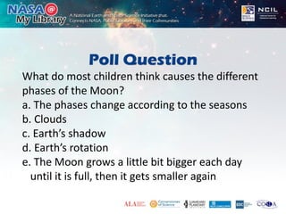 Poll Question
What do most children think causes the different
phases of the Moon?
a. The phases change according to the seasons
b. Clouds
c. Earth’s shadow
d. Earth’s rotation
e. The Moon grows a little bit bigger each day
until it is full, then it gets smaller again
 