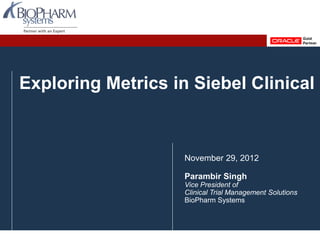 Exploring Metrics in Siebel Clinical
November 29, 2012
Parambir Singh
Vice President of
Clinical Trial Management Solutions
BioPharm Systems
 