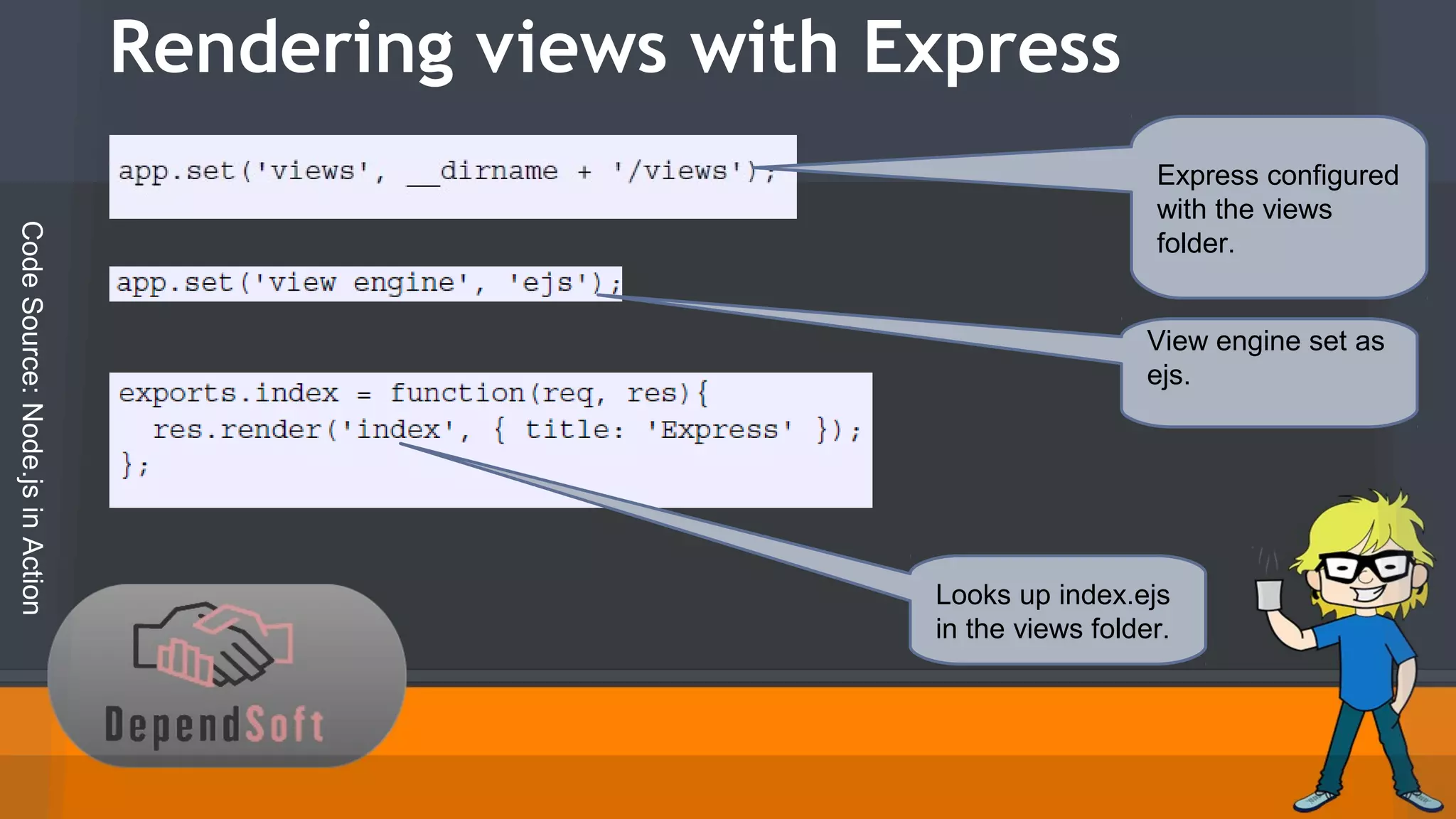 Rendering views with Express 
Code Source: Node.js in Action 
Express configured 
with the views 
folder. 
View engine set as 
ejs. 
Looks up index.ejs 
in the views folder. 
 