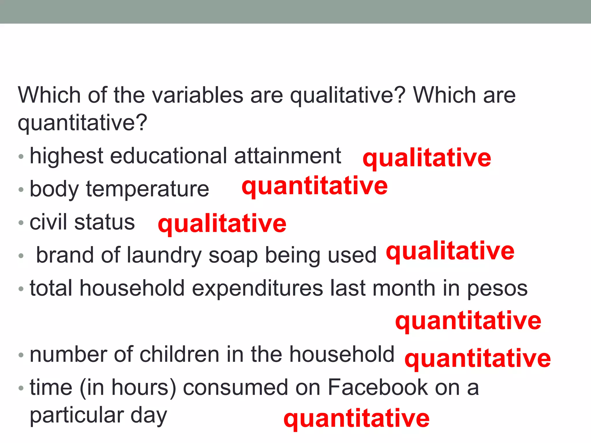 Which of the variables are qualitative? Which are
quantitative?
• highest educational attainment
• body temperature
• civil status
• brand of laundry soap being used
• total household expenditures last month in pesos
• number of children in the household
• time (in hours) consumed on Facebook on a
particular day
qualitative
quantitative
qualitative
qualitative
quantitative
quantitative
quantitative
 
