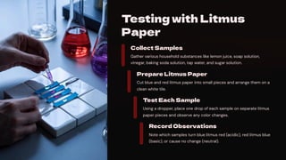 Testing with Litmus
Paper
Collect Samples
Gather various household substances like lemon juice, soap solution,
vinegar, baking soda solution, tap water, and sugar solution.
Prepare Litmus Paper
Cut blue and red litmus paper into small pieces and arrange them on a
clean white tile.
Test Each Sample
Using a dropper, place one drop of each sample on separate litmus
paper pieces and observe any color changes.
Record Observations
Note which samples turn blue litmus red (acidic), red litmus blue
(basic), or cause no change (neutral).
 