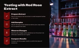 Testing with Red Rose
Extract
Prepare Extract
Place 10-20 drops of red rose extract in small transparent bottles
or test tubes.
Add Samples
Add 20-30 drops of test substances (lemon juice, soap solution,
etc.) to separate test tubes.
Observe Changes
Note the color changes: acidic substances turn the extract red,
while basic substances turn it green.
Compare Results
Compare with litmus paper results to confirm the nature of
substances.
 