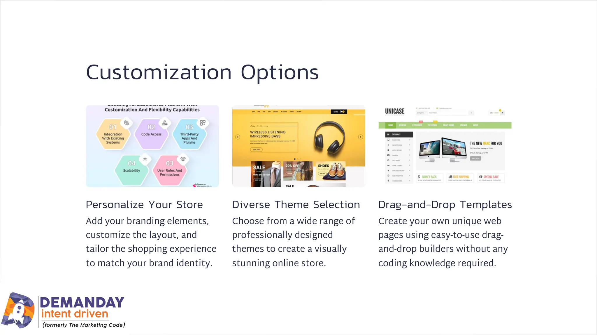 Customization Options
Personalize Your Store Diverse Theme Selection Drag-and-Drop Templates
Add your branding elements,
customize the layout, and
tailor the shopping experience
to match your brand identity.
Choose from a wide range of
professionally designed
themes to create a visually
stunning online store.
Create your own unique web
pages using easy-to-use drag-
and-drop builders without any
coding knowledge required.
 