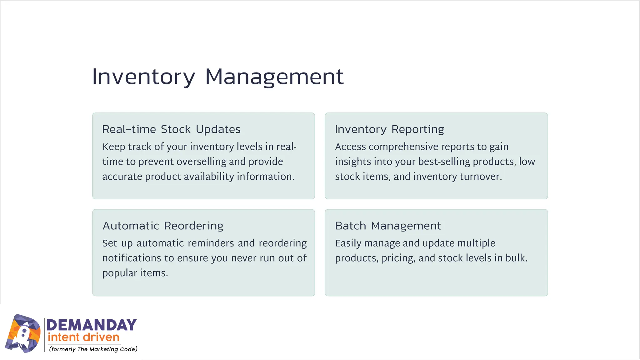 Inventory Management
Automatic Reordering
Real-time Stock Updates Inventory Reporting
Batch Management
Keep track of your inventory levels in real-
time to prevent overselling and provide
accurate product availability information.
Set up automatic reminders and reordering
notifications to ensure you never run out of
popular items.
Easily manage and update multiple
products, pricing, and stock levels in bulk.
Access comprehensive reports to gain
insights into your best-selling products, low
stock items, and inventory turnover.
 