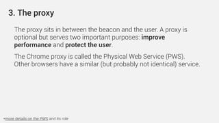 The proxy sits in between the beacon and the user. A proxy is
optional but serves two important purposes: improve
performance and protect the user.
The Chrome proxy is called the Physical Web Service (PWS).
Other browsers have a similar (but probably not identical) service.
3. The proxy
*more details on the PWS and its role
 