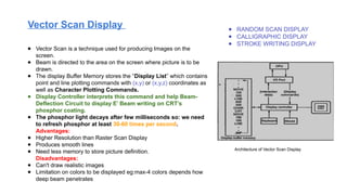 Vector Scan Display ● RANDOM SCAN DISPLAY
● CALLIGRAPHIC DISPLAY
● STROKE WRITING DISPLAY
● Vector Scan is a technique used for producing Images on the
screen.
● Beam is directed to the area on the screen where picture is to be
drawn.
● The display Buffer Memory stores the “Display List” which contains
point and line plotting commands with (x,y) or (x,y,z) coordinates as
well as Character Plotting Commands.
● Display Controller interprets this command and help Beam-
Deflection Circuit to display E’ Beam writing on CRT’s
phosphor coating.
● The phosphor light decays after few milliseconds so: we need
to refresh phosphor at least 30-60 times per second.
Advantages:
● Higher Resolution than Raster Scan Display
● Produces smooth lines
● Need less memory to store picture definition.
Disadvantages:
● Can't draw realistic images
● Limitation on colors to be displayed eg:max-4 colors depends how
deep beam penetrates
Architecture of Vector Scan Display
 
