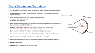 - The Normal CRT can generate images of single color due to limitation of phosphor coating.
- It generates a range of colors by combining the emitted light from multilayered phosphor
coated color CRT.
- There are basic 2 techniques used for producing color display:
a) Beam - Penetration technique
b) Shadow mask technique
- Beam penetration technique is used with Random Scan display where CRT is coated with 2
layers of colors usually Red and Green.
- OUTER LAYER-RED PHOSPHOR AND INNER LAYER-GREEN PHOSPHOR
- Color depends on how far the e- beam penetrates into the phosphor layers.
- Low e- beam speed strike only the red phosphor, thus produces red traces on the screen.
- High e- beam penetrates into green phosphor and produces green traces.
- Medium e- beam produces colors of combination of red and green like orange/ yellow etc
- merits : Inexpensive
- demerits: only 4 color and its not of good quality.
Beam Penetration Technique
 