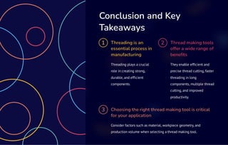 Conclusion and Key
Takeaways
1 Threading is an
essential process in
manufacturing
Threading plays a crucial
role in creating strong,
durable, and efficient
components.
2 Thread making tools
offer a wide range of
benefits
They enable efficient and
precise thread cutting, faster
threading in long
components, multiple thread
cutting, and improved
productivity.
3 Choosing the right thread making tool is critical
for your application
Consider factors such as material, workpiece geometry, and
production volume when selecting a thread making tool.
 