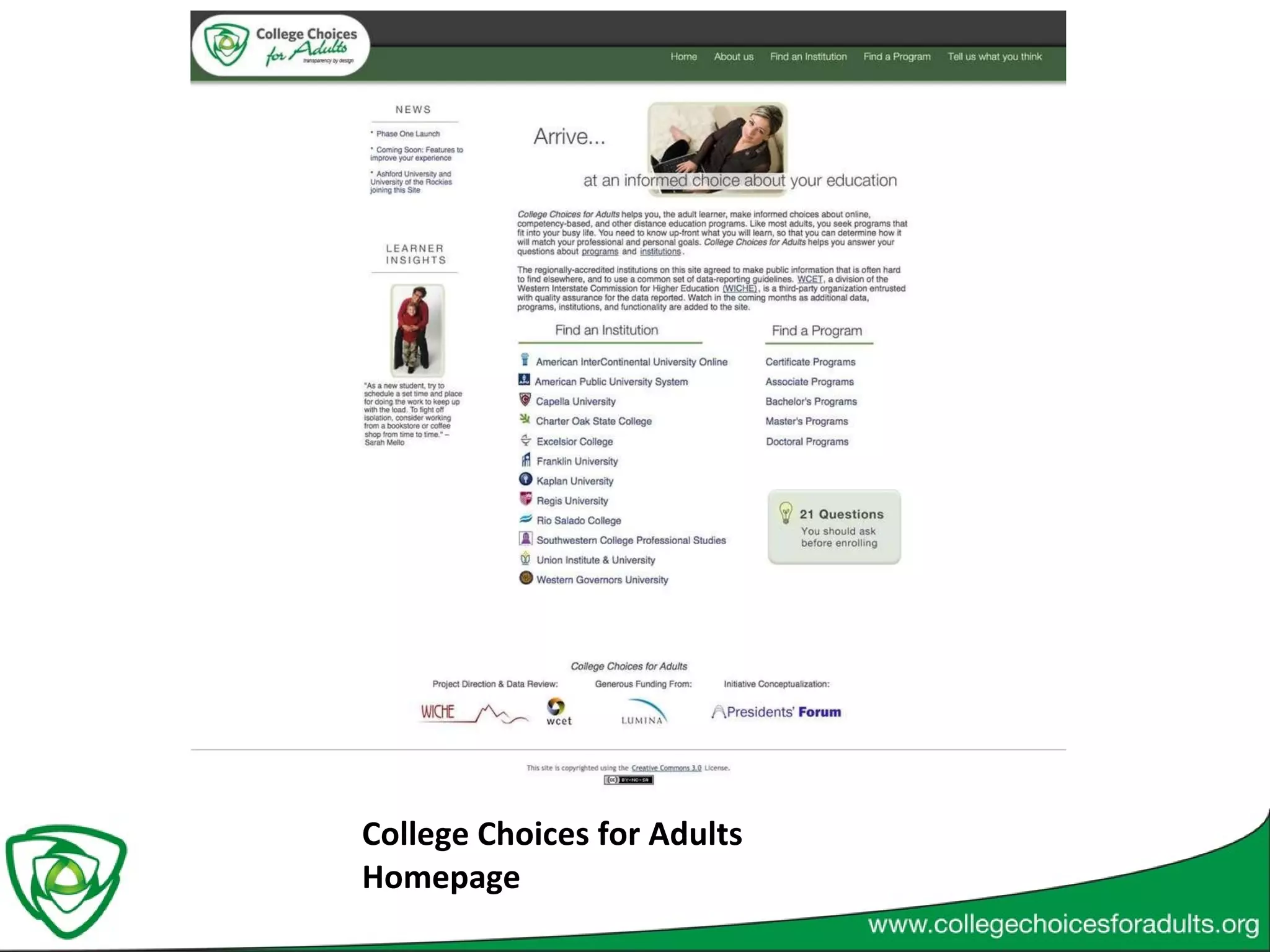 College Choices for Adults Homepage 