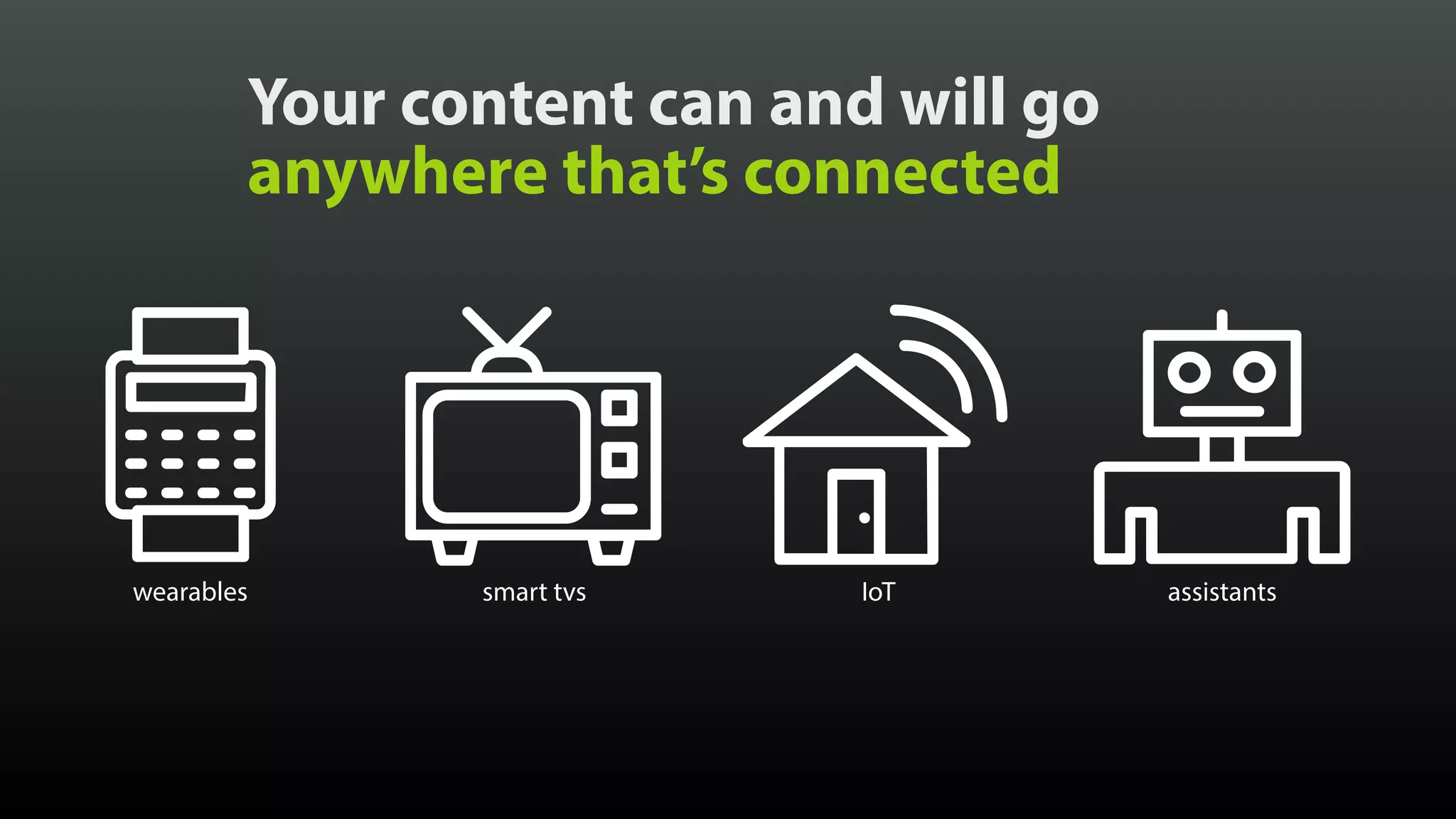 Your content can and will go anywhere that’s connected Created by Vectors Market from the Noun Project Created by Vectors Market from the Noun Project Created by Vectors Market from the Noun Project Created by Vectors Market from the Noun Project wearables smart tvs IoT assistants 
