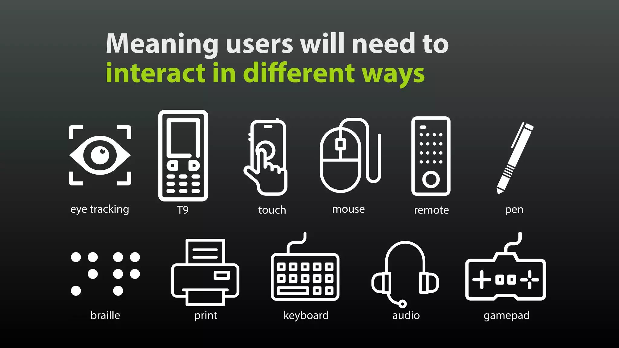 Meaning users will need to interact in different ways Created by Vectors Market from the Noun Project touch Created by Vectors Market from the Noun Project mouse Created by bezier master from the Noun Project T9 Created by Christopher Holm-Hansen from the Noun Project eye tracking Created by Vectors Market from the Noun Project remote Created by Setyo Ari Wibowo from the Noun Project pen Created by Vectors Market from the Noun Project keyboard Created by Vectors Market from the Noun Project audio Created by Vectors Market from the Noun Project gamepad Created by Vectors Market from the Noun Project printCreated by Adriano Emerick from the Noun Project braille 