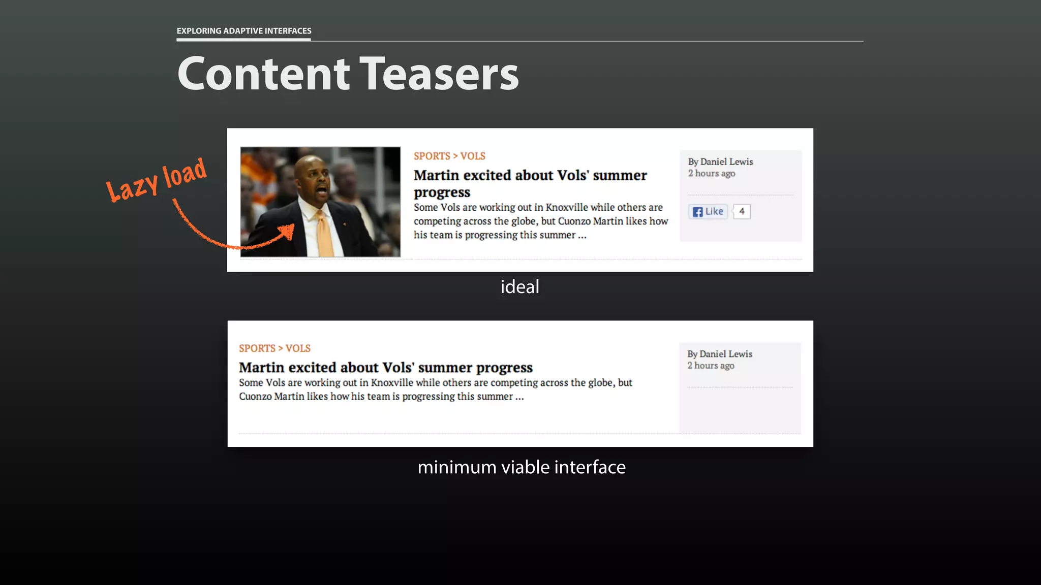 EXPLORING ADAPTIVE INTERFACES Content Teasers ideal minimum viable interface Lazy load 