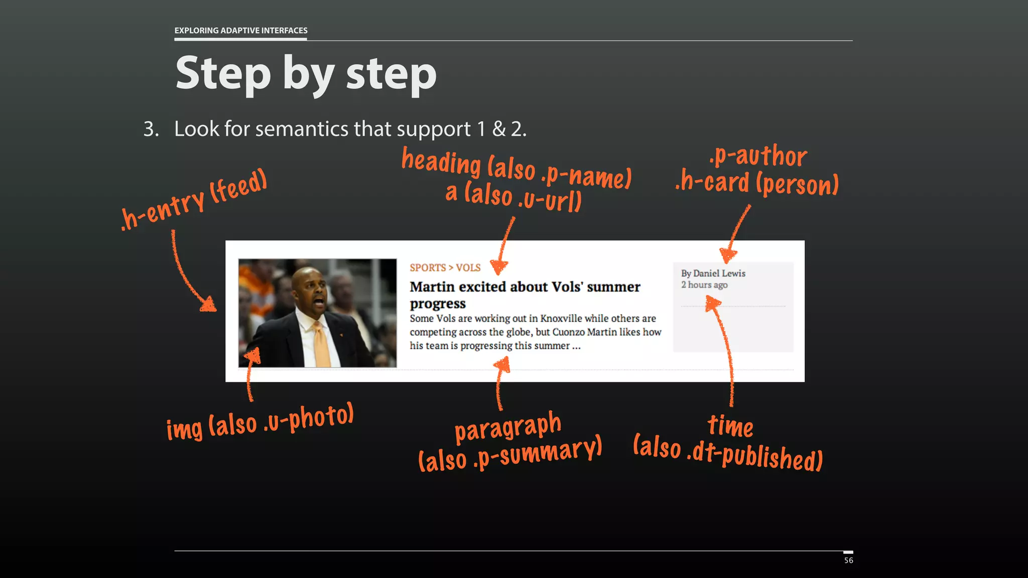 EXPLORING ADAPTIVE INTERFACES Step by step 3. Look for semantics that support 1 & 2. 56 heading (also .p-name)a (also .u-url) paragraph  (also .p-summary) .p-author  .h-card (person) .h-entry (feed) img (also .u-photo) time  (also .dt-published) 