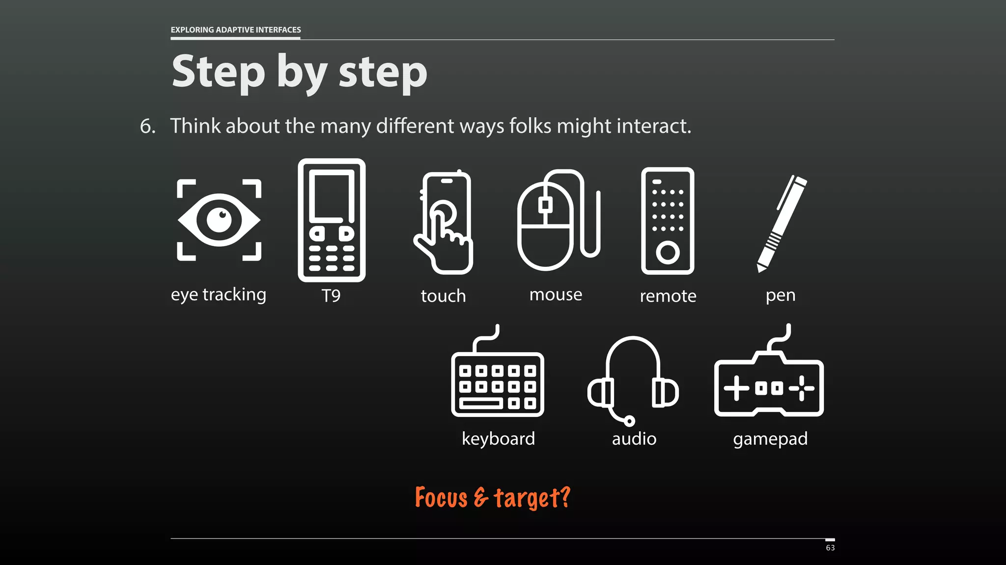 EXPLORING ADAPTIVE INTERFACES 6. Think about the many different ways folks might interact. Step by step 63 Created by Vectors Market from the Noun Project touch Created by Vectors Market from the Noun Project mouse Created by bezier master from the Noun Project T9 Created by Christopher Holm-Hansen from the Noun Project eye tracking Created by Vectors Market from the Noun Project remote Created by Setyo Ari Wibowo from the Noun Project pen Created by Vectors Market from the Noun Project keyboard Created by Vectors Market from the Noun Project gamepad Focus & target? Created by Vectors Market from the Noun Project audio 
