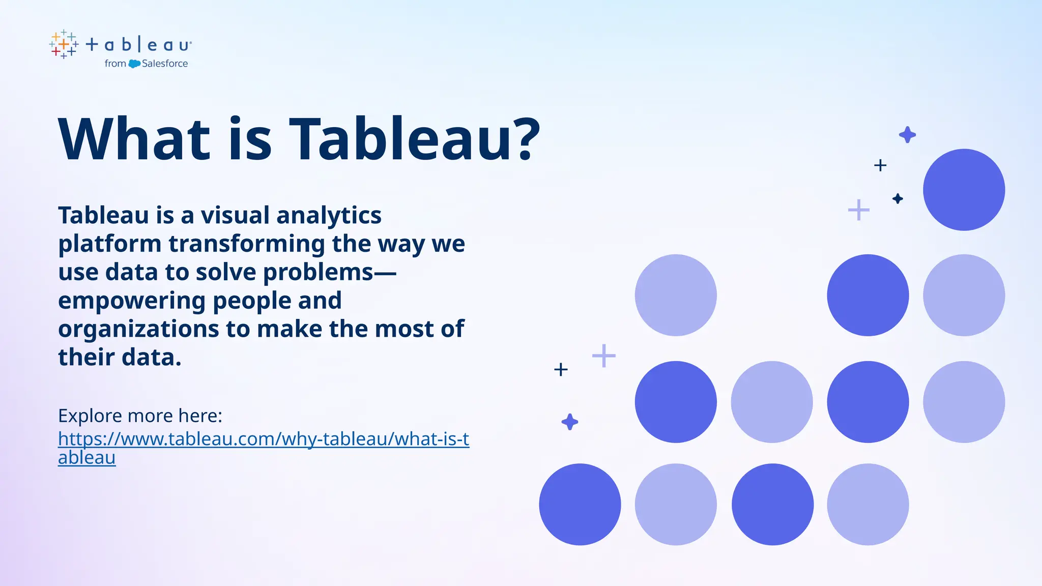 What is Tableau?
Tableau is a visual analytics
platform transforming the way we
use data to solve problems—
empowering people and
organizations to make the most of
their data.
Explore more here:
https://www.tableau.com/why-tableau/what-is-t
ableau
 