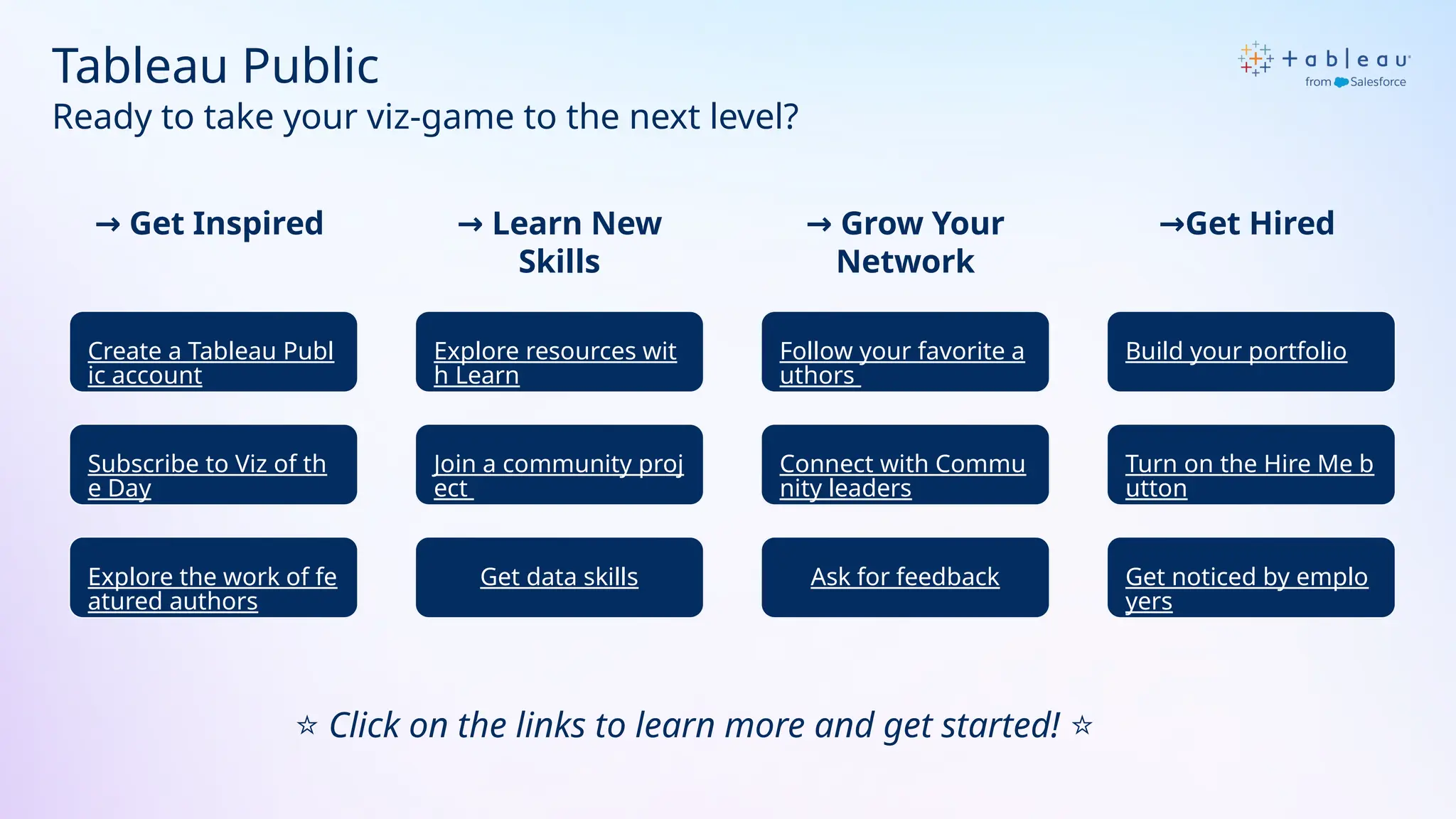 Ready to take your viz-game to the next level?
Create a Tableau Publ
ic account
Subscribe to Viz of th
e Day
Explore the work of fe
atured authors
Explore resources wit
h Learn
Join a community proj
ect
Get data skills
Follow your favorite a
uthors
Connect with Commu
nity leaders
Ask for feedback
Build your portfolio
Turn on the Hire Me b
utton
Get noticed by emplo
yers
→ Get Inspired → Learn New
Skills
→ Grow Your
Network
→Get Hired
⭐ Click on the links to learn more and get started! ⭐
Tableau Public
 