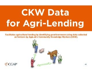 49
CKW Data
for Agri-Lending
Facilitates agricultural lending by identifying good borrowers using data collected
on farmer...